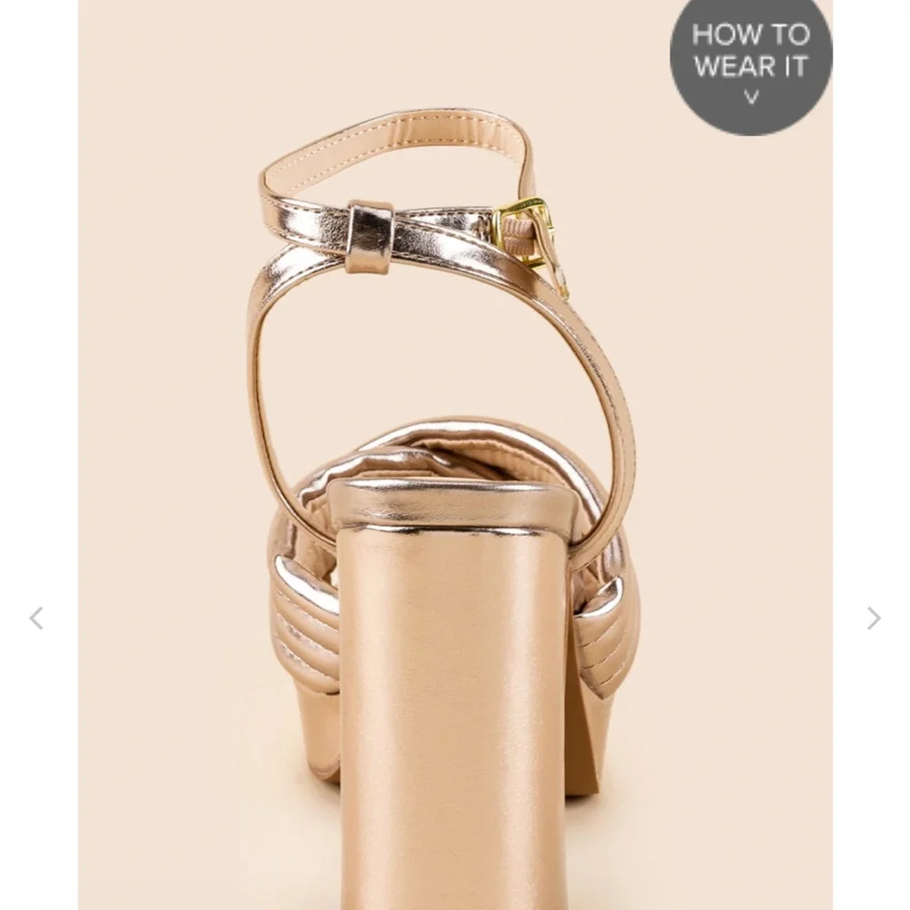 Qupid Metallic Rose Gold Platform Block Heel Sandals with Ankle Strap